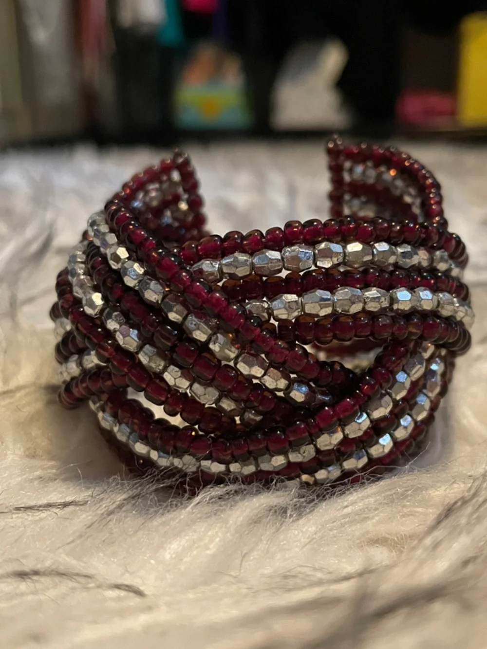 NWOT Braided Beaded Bracelet Burgundy Silver Black Red